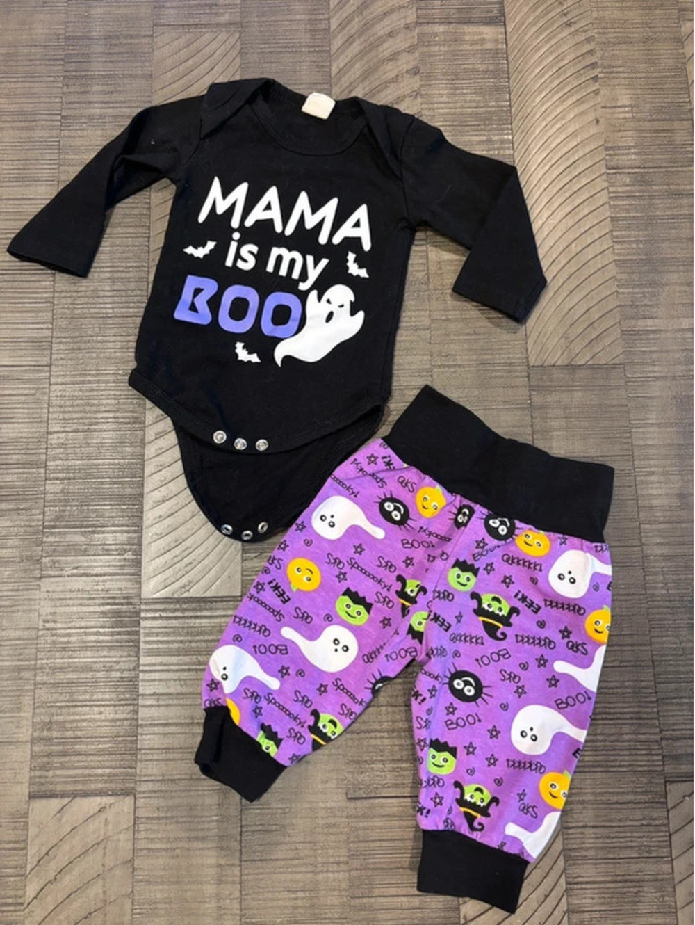 Halloween Baby Outfit Set Bodysuit & Purple Ghost Pants Size 0-3 Months
